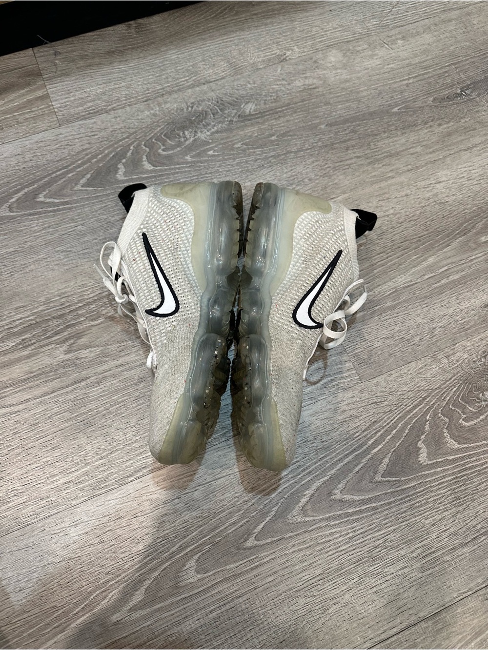 Nike White Knit VaporMax Sneakers with Black Swoosh size 11